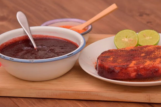 Chamoy is the popular Mexican dipping sauce made with fruit, chili, lime and sugar.