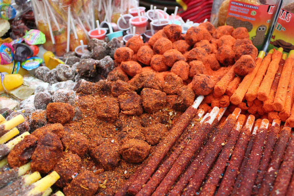 Traditional spicy Mexican candy made of fruits, like tamarind and mango, are sold in all food markets across the country.