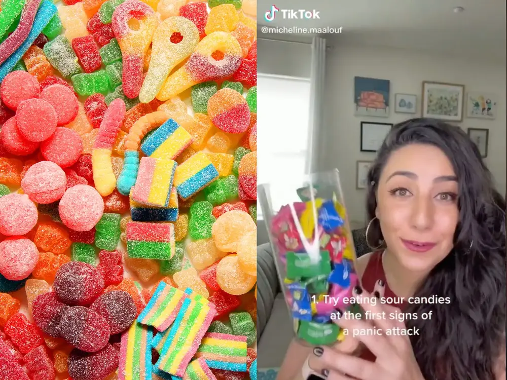 Licensed trauma therapist, Micheline Maalouf, confirmed on TikTok that sour candy distracts your brain from feelings of panic and avoids a panic attack.