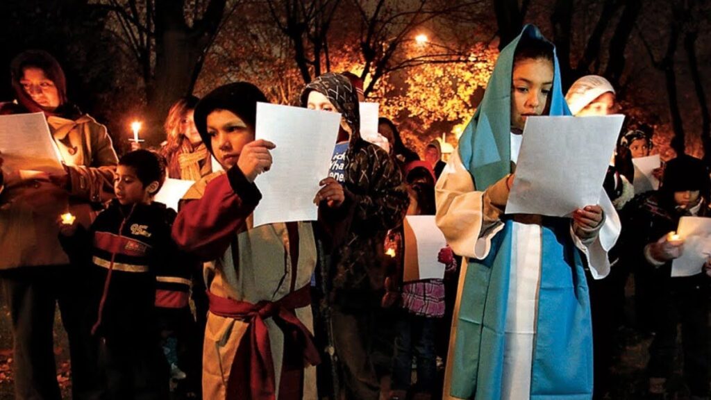 Mexican children join in the posadas by dressing up and leading the pilgrimage.